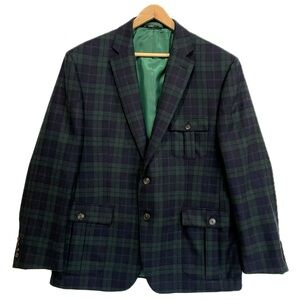 Izod 100% Wool Plaid Blazer Mens Size 42S Classic Dark Green Cargo Pocket Jacket